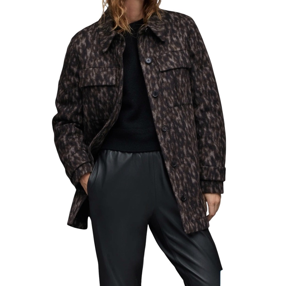 AllSaints Shacket Womens Sz 2 Abstract Leopard Print Wool Blend Relaxed‎
